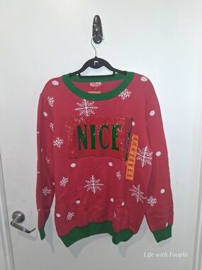 Women's Red 'NICE/NAUGHTY' Holiday Crewneck Sweater with Green Trim